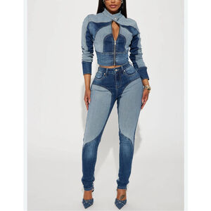 FASHION NOVA Coronado Two Tone Denim Moto Jacket & Skinny Jeans Set Size 1X / 16